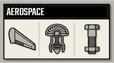 Aircraft, jet engine, and precision component icons representing Troymill's aerospace manufacturing packaging services