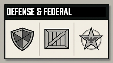 Military crate, shield, and secure shipping container icons representing Troymill's defense and federal procurement services