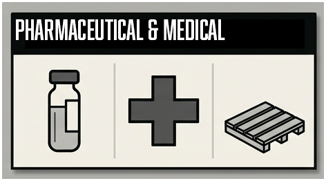 Medical cross, prescription bottle, and medical device packaging icons representing Troymill's pharmaceutical and medical industry services
