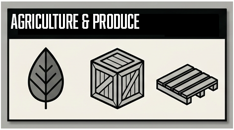 Produce bin, crop, and agricultural pallet icons representing Troymill's agriculture and produce packaging services