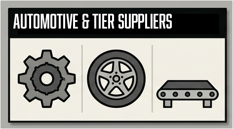 Vehicle parts, assembly line, and dunnage icons representing Troymill's automotive and Tier supplier packaging services