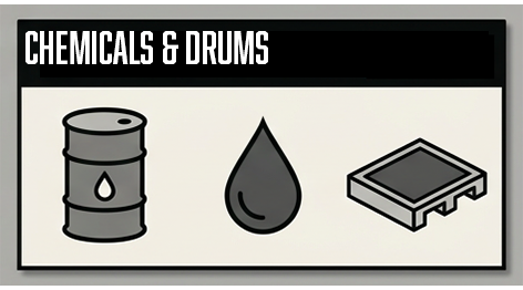 Chemical drum, liquid droplet, and industrial pallet icons representing Troymill's chemicals and drums packaging services
