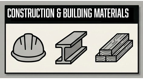 Lumber stack, building beams, and construction materials icons representing Troymill's construction and building materials packaging services