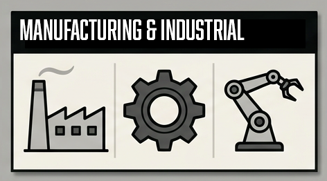 Industrial pallet, gear, and manufacturing equipment icons representing Troymill's manufacturing and industrial packaging services