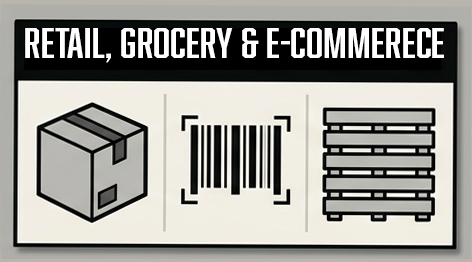 Shopping bag, grocery cart, and shipping box icons representing Troymill's retail, grocery, and e-commerce packaging services