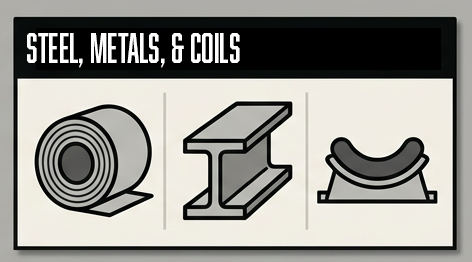 Steel coils, I-beams, and coil saddle icons representing Troymill's steel and metals industry services