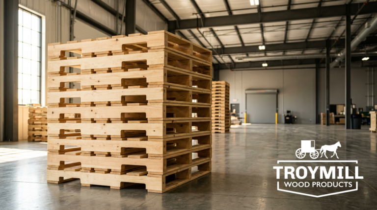 Neat stack of new blonde wood pallets in a clean industrial warehouse from a reliable pallet supplier